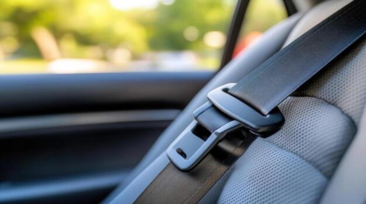 A fastened seat belt tongue seated in its buckle beside a car seat, with green foliage blurred beyond the open window.