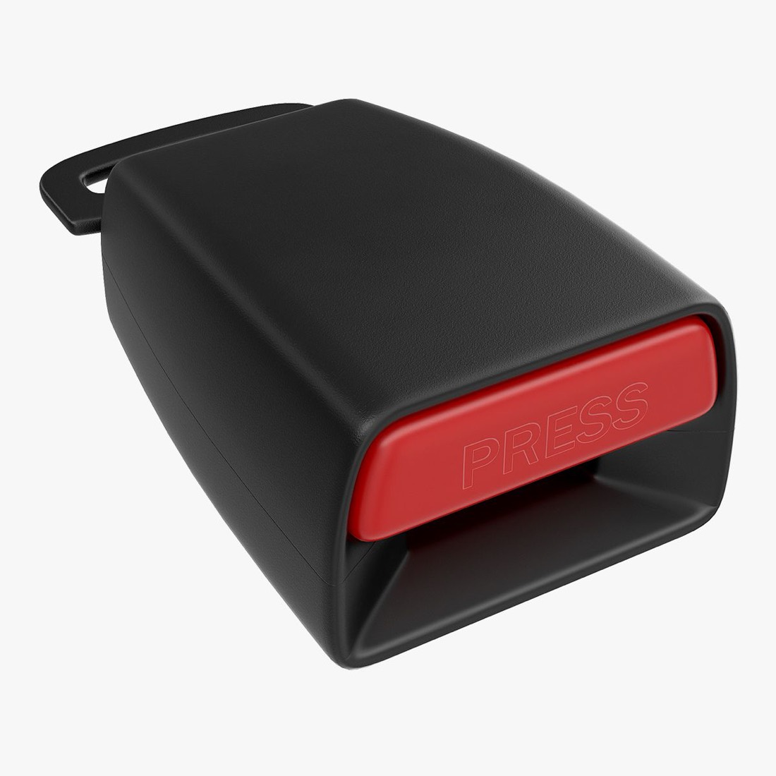 A single black seat belt buckle receiver with a red press-release button, photographed against a plain light background.